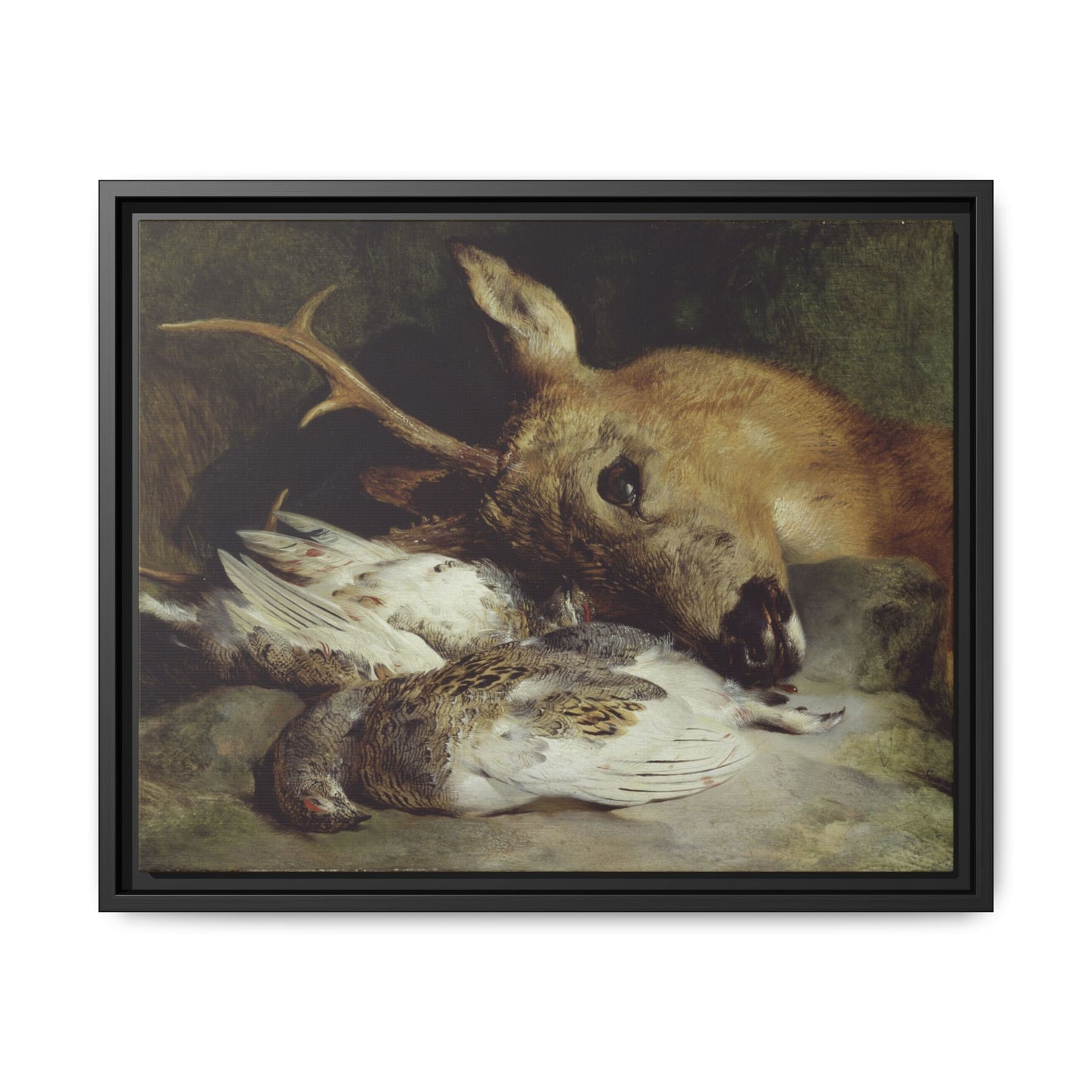 Head of a Roebuck and Two Ptarmigan – Hunting Still Life. Vintage. Matte. Framed canvas.