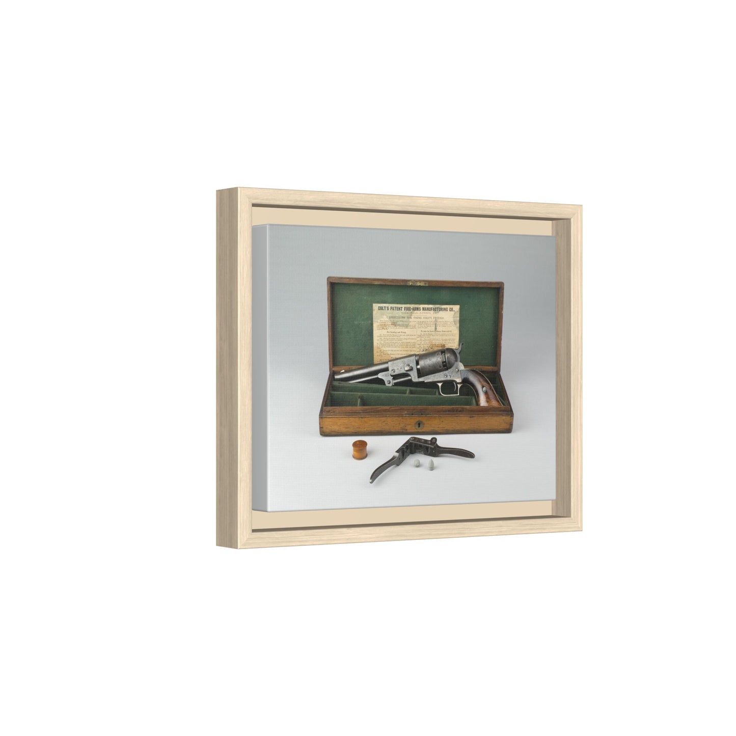 Cased Colt Dragoon Model 1848 – First Issue Revolver. Matte. Framed Canvas.