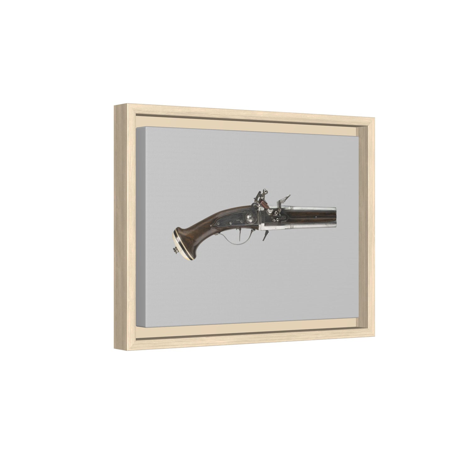 Double-Barrel Revolving Flintlock Pocket Pistol – 19th Century. Matte. Framed canvas.