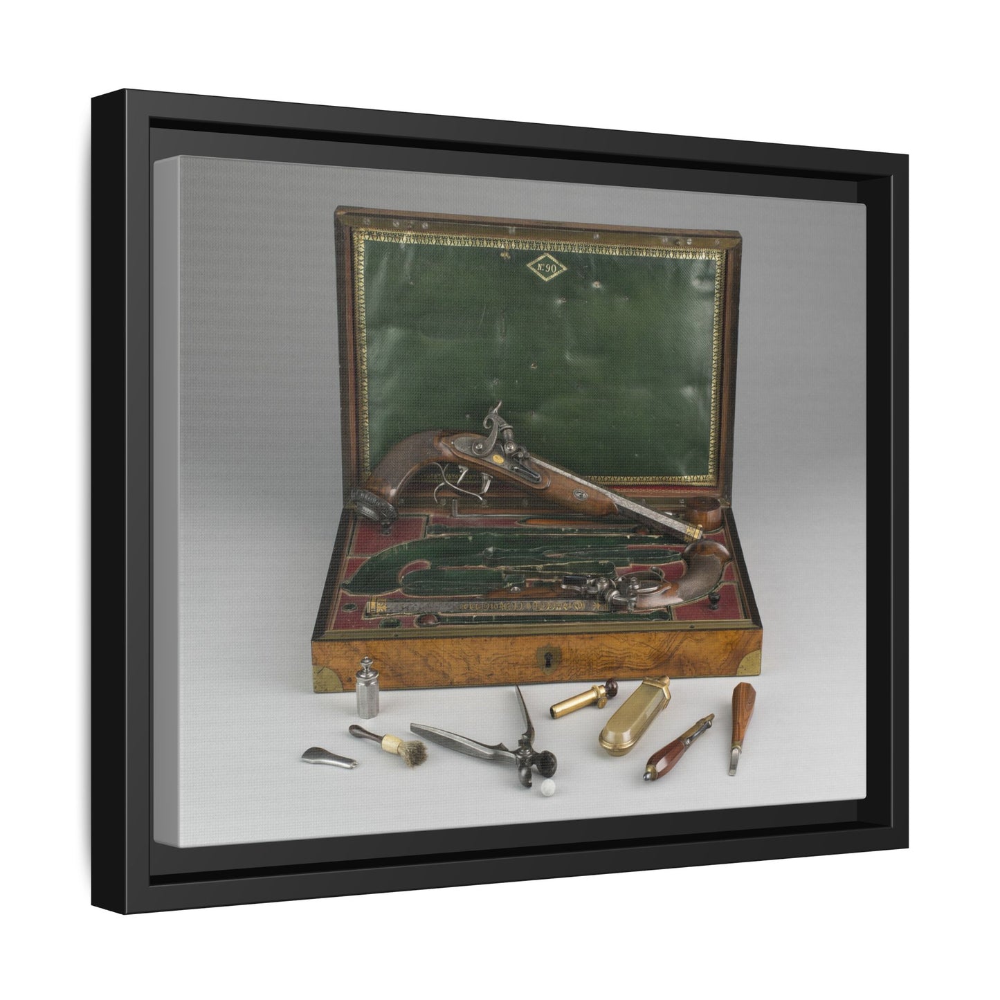 Cased Pair of Percussion Pistols – 19th Century Gentleman’s Set. Matte. Framed Canvas.