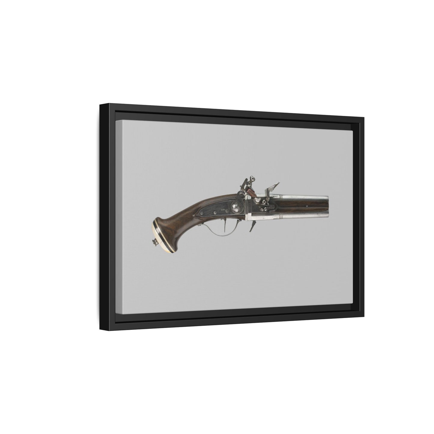 Double-Barrel Revolving Flintlock Pocket Pistol – 19th Century. Matte. Framed canvas.