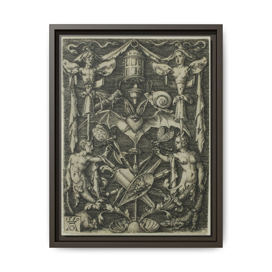 Ornamental Design with a Bat in the Centre – Renaissance Grotesque Engraving. Gothic. Matte. Framed canvas.