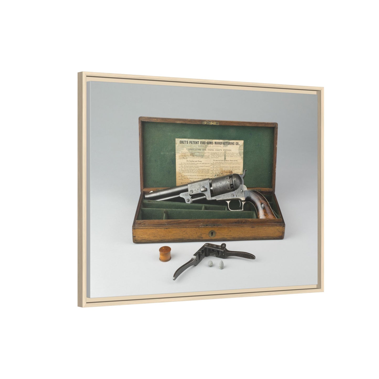 Cased Colt Dragoon Model 1848 – First Issue Revolver. Matte. Framed Canvas.