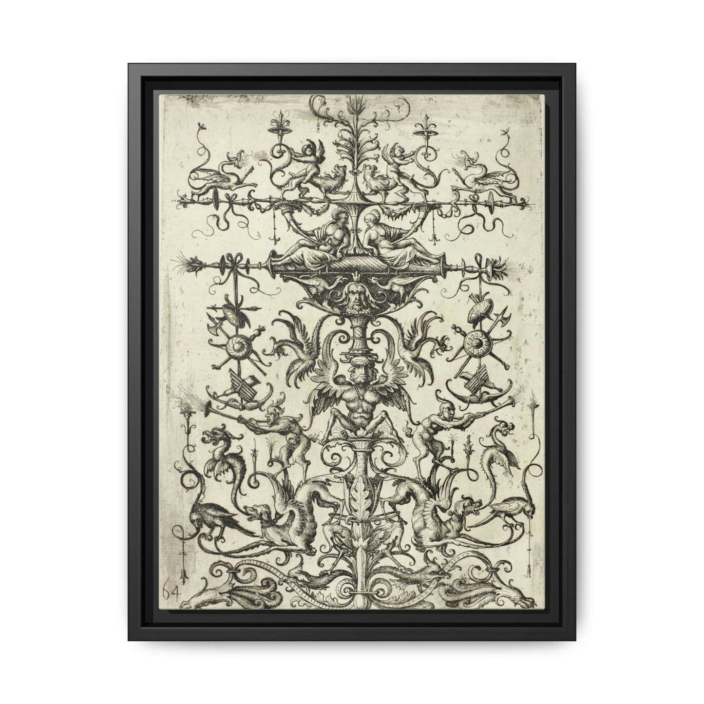 Ornament with Arabesques – Renaissance Grotesque Engraving. Matte. Framed canvas.