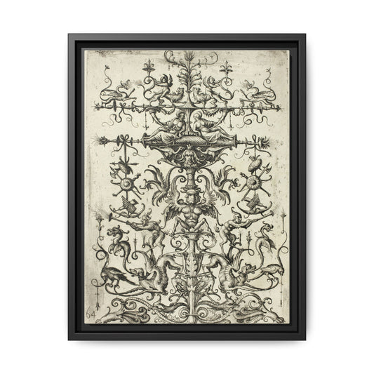 Ornament with Arabesques – Renaissance Grotesque Engraving. Matte. Framed canvas.