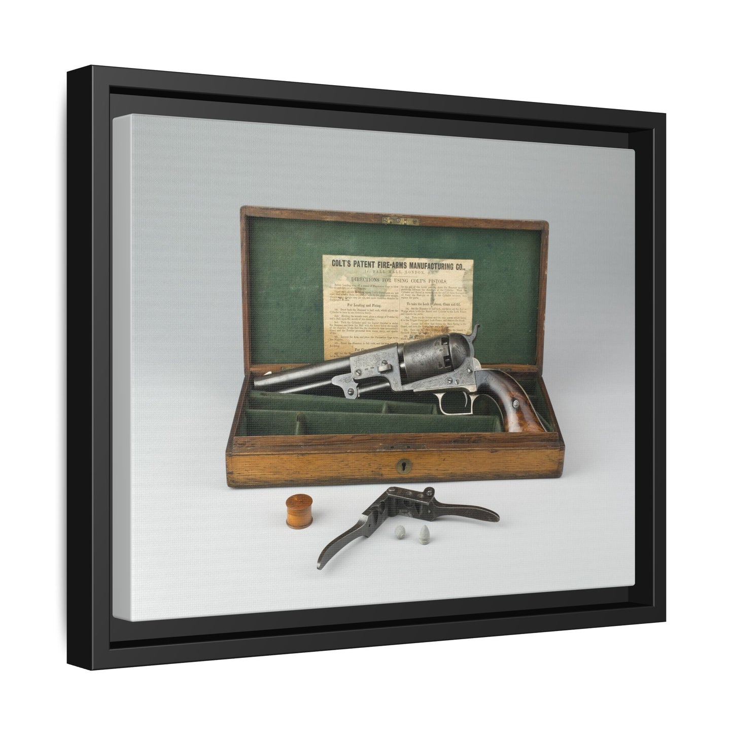 Cased Colt Dragoon Model 1848 – First Issue Revolver. Matte. Framed Canvas.