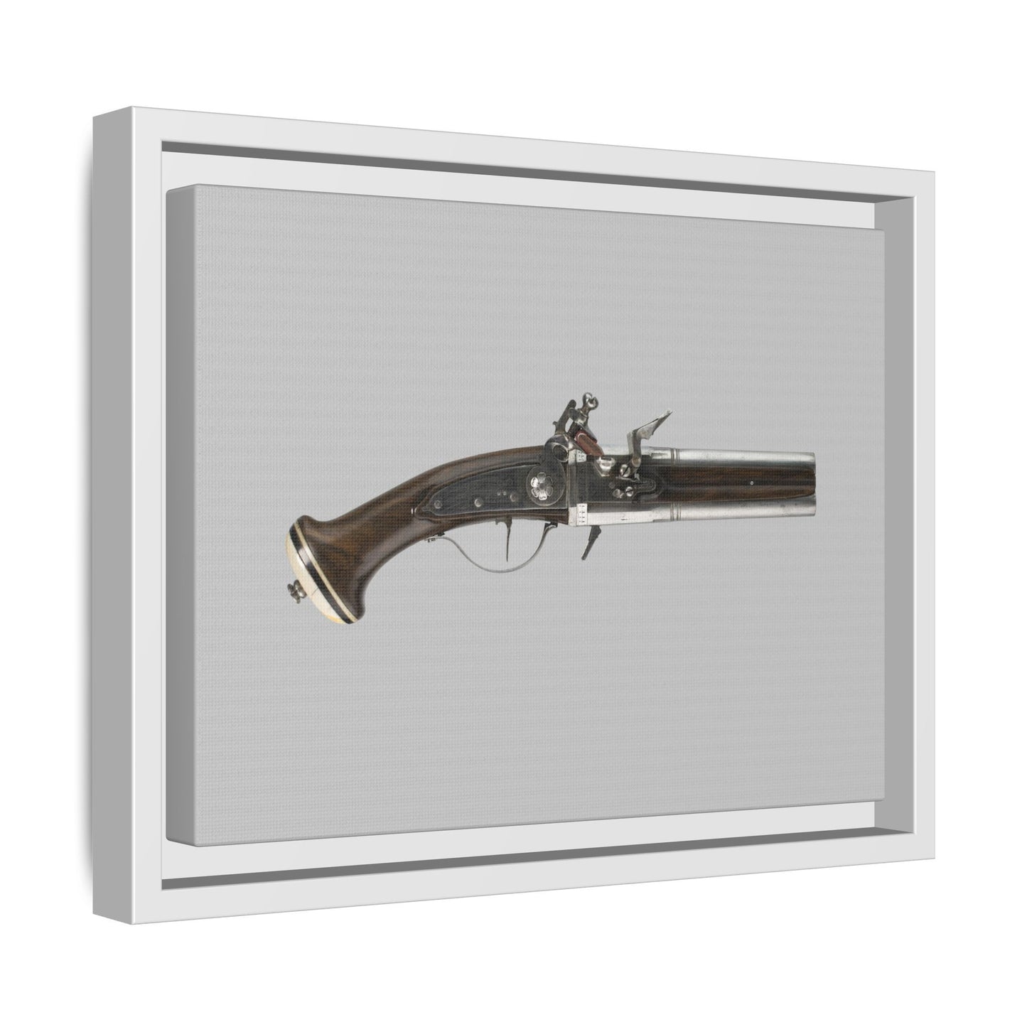 Double-Barrel Revolving Flintlock Pocket Pistol – 19th Century. Matte. Framed canvas.