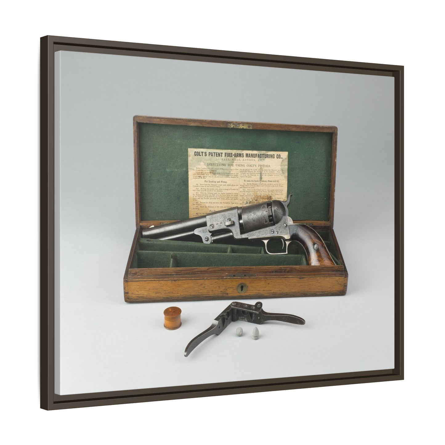 Cased Colt Dragoon Model 1848 – First Issue Revolver. Matte. Framed Canvas.