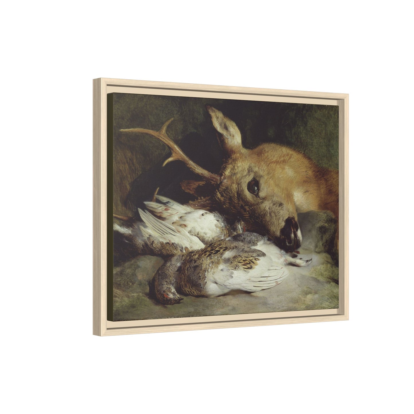 Head of a Roebuck and Two Ptarmigan – Hunting Still Life. Vintage. Matte. Framed canvas.
