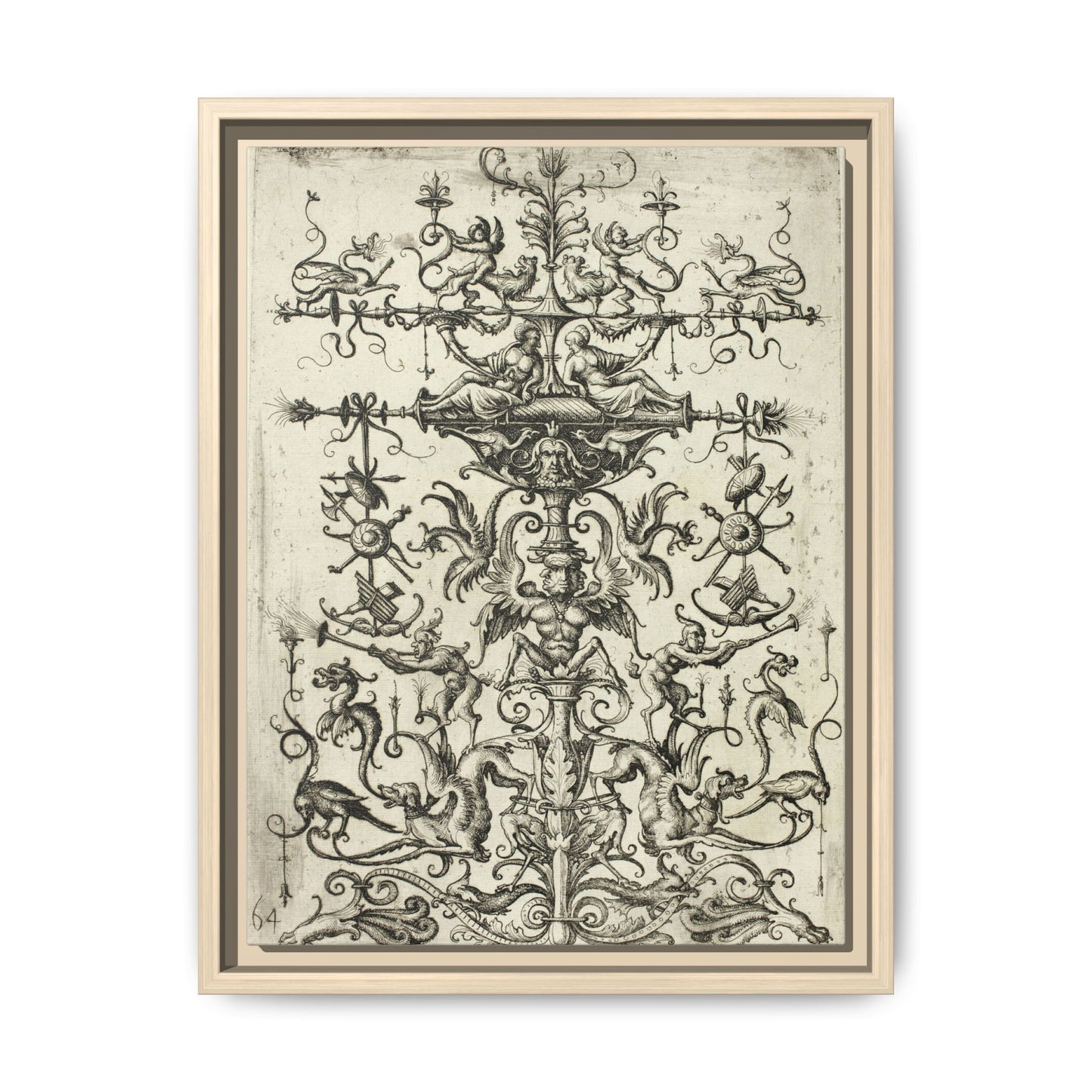 Ornament with Arabesques – Renaissance Grotesque Engraving. Matte. Framed canvas.