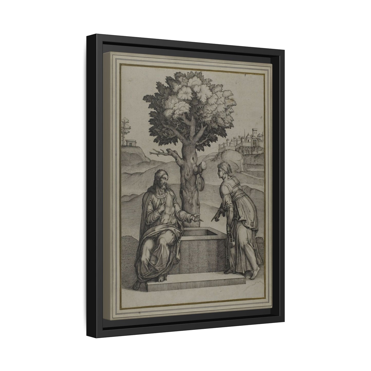 Christ and the Woman of Samaria – Biblical Engraving. Matte. Framed canvas.