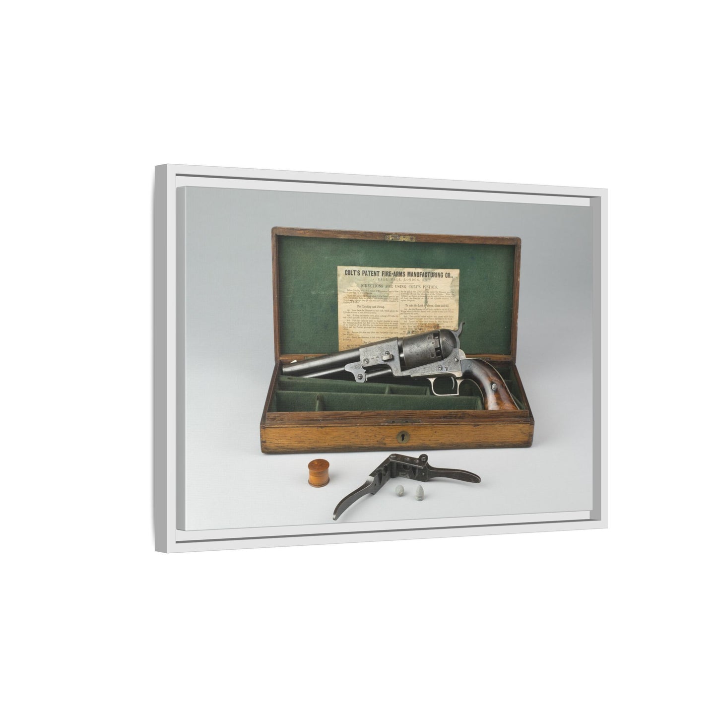 Cased Colt Dragoon Model 1848 – First Issue Revolver. Matte. Framed Canvas.