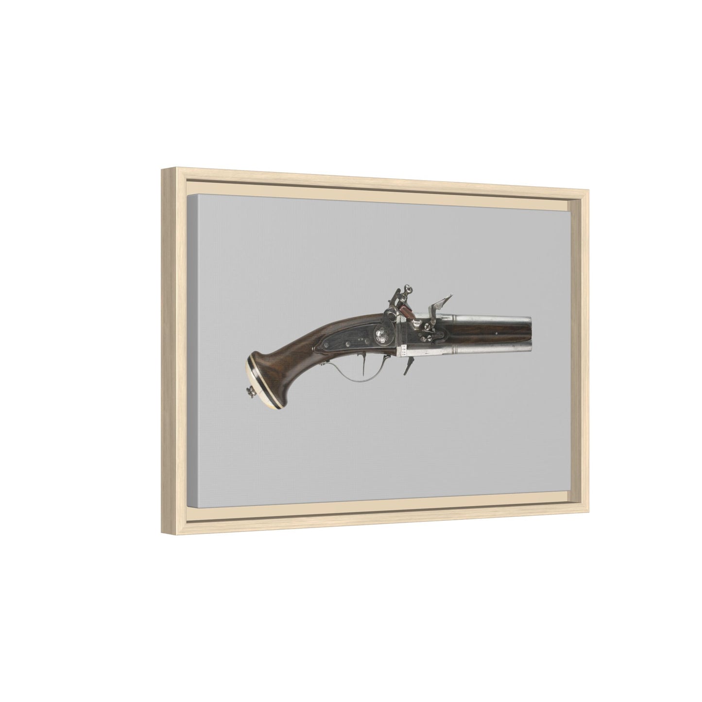 Double-Barrel Revolving Flintlock Pocket Pistol – 19th Century. Matte. Framed canvas.