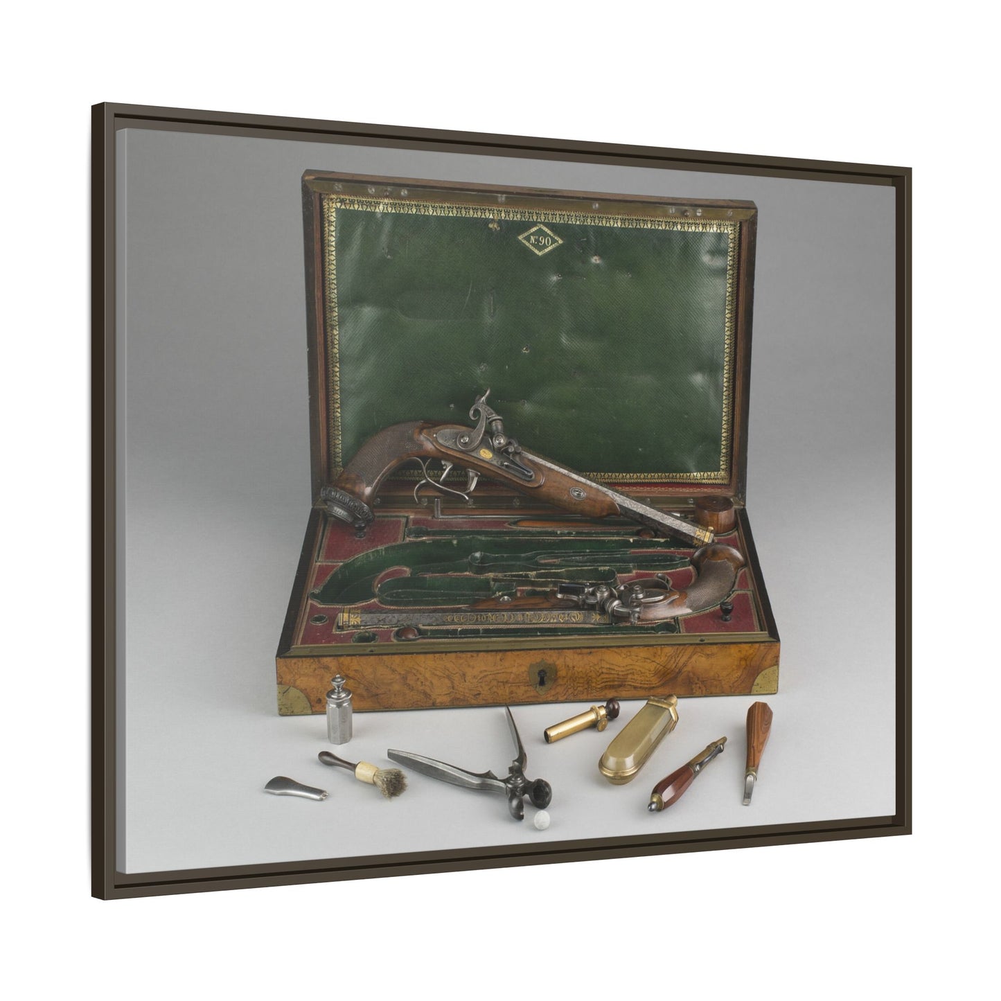 Cased Pair of Percussion Pistols – 19th Century Gentleman’s Set. Matte. Framed Canvas.