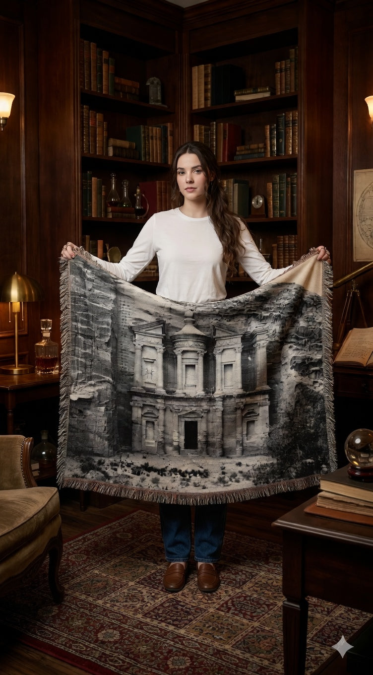 Authentic 1898 Petra Al-Khazne Treasury Woven Blanket | Nabataean Rose City Historical Photo
