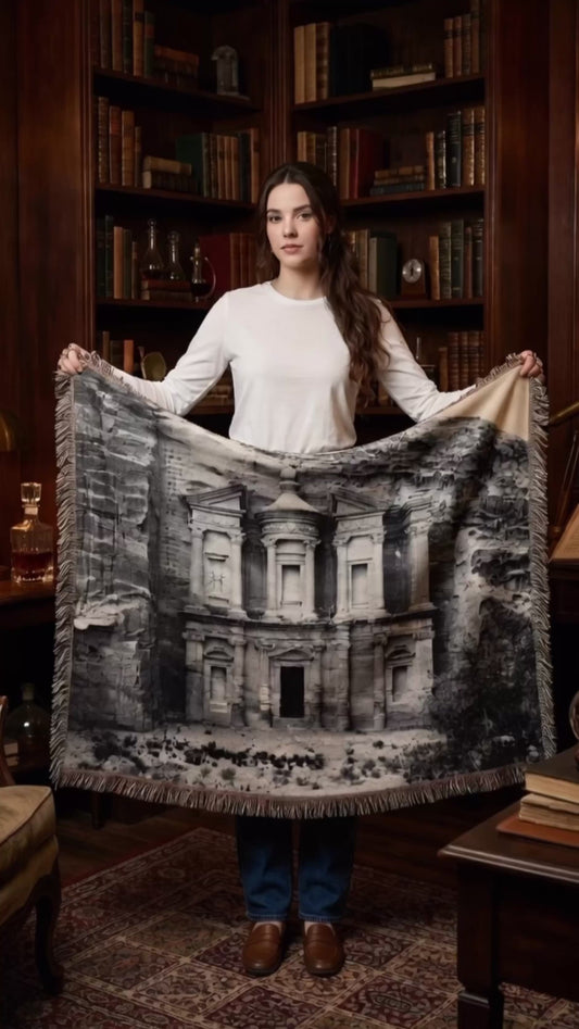 Authentic 1898 Petra Al-Khazne Treasury Woven Blanket | Nabataean Rose City Historical Photo